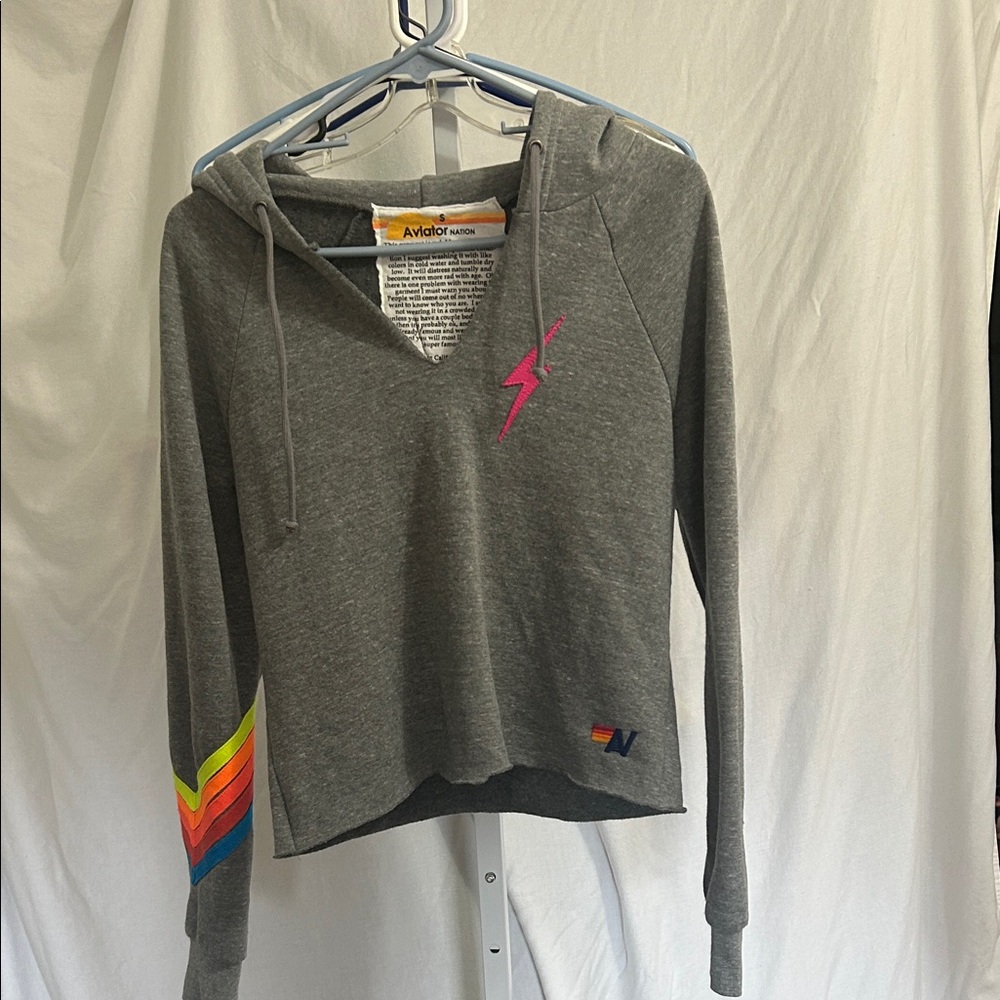 Aviator Nation Gray Hoodie with Pink and Rainbow Details